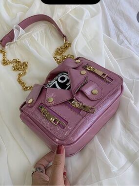 Moto Mini Crossbody Bag Pink Gold Chain Edgy Biker Purse Statement Y2K Glam